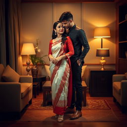 A romantic scene focusing on an elegant and stylish Thai couple in a cozy room