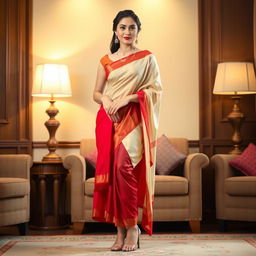 A Thai woman in an elegant muga, cream, and red Chadar with a matching mekhela and blouse, paired with high heels, in a warm and cozy room