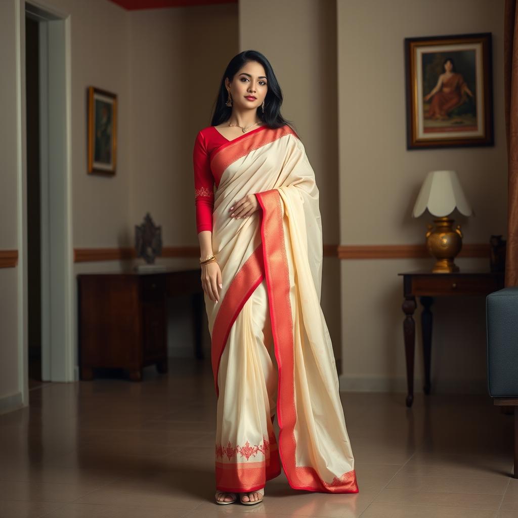 A Thai woman in an elegant muga, cream, and red Chadar with a matching mekhela and blouse, paired with high heels, in a warm and cozy room