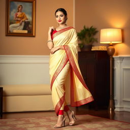 A Thai woman in an elegant muga, cream, and red Chadar with a matching mekhela and blouse, paired with high heels, in a warm and cozy room