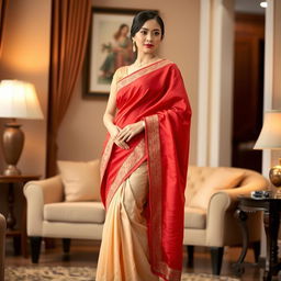 A Thai woman in an elegant muga, cream, and red Chadar with a matching mekhela and blouse, paired with high heels, in a warm and cozy room