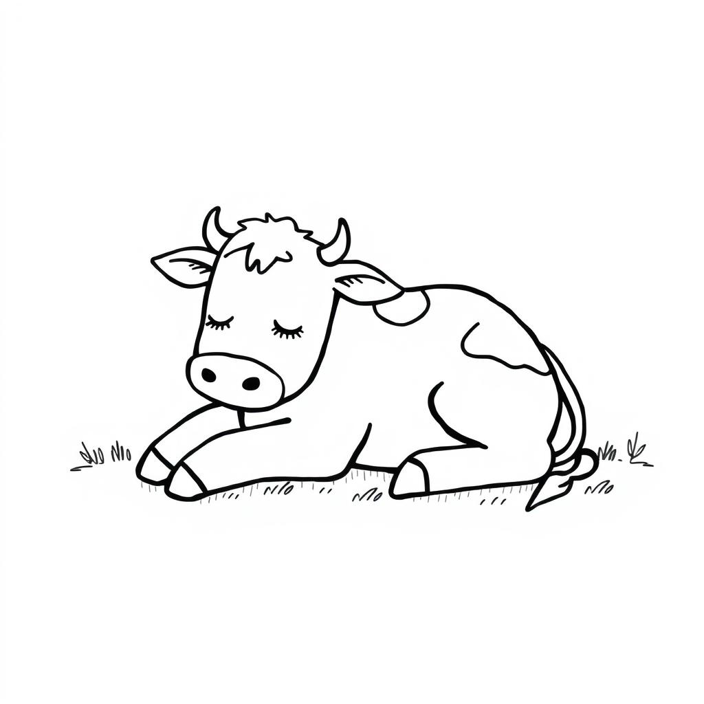 A simple black and white drawing of a sleepy cow lying in the shade