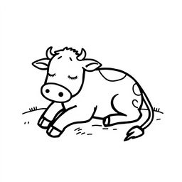 A simple black and white drawing of a sleepy cow lying in the shade