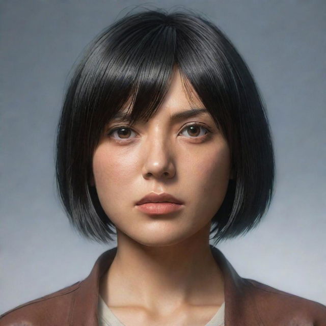 A hyper-realistic portrait of Mikasa Ackerman from Attack on Titan, capturing her intense gaze and her distinctive black hair styled in a bob cut