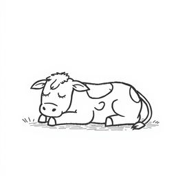 A simple black and white drawing of a sleepy cow lying in the shade