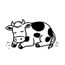 A simple black and white drawing of a sleepy cow lying in the shade