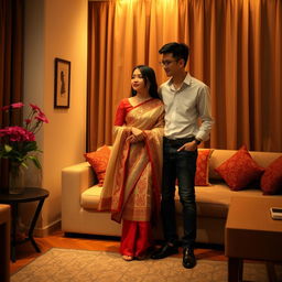 A peaceful and romantic scene with a stylish Thai couple in an intimate, cozy room