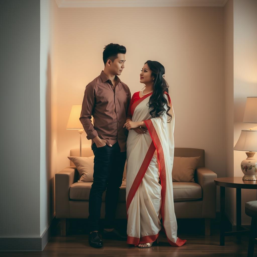 A peaceful and romantic scene with a stylish Thai couple in an intimate, cozy room