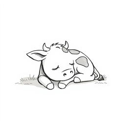 A simple black and white drawing of a sleepy cute cow lying peacefully in the shade