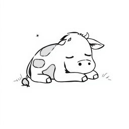 A simple black and white drawing of a sleepy cute cow lying peacefully in the shade