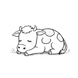 A simple black and white drawing of a sleepy cute cow lying peacefully in the shade