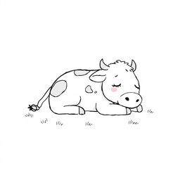 A simple black and white drawing of a sleepy cute cow lying peacefully in the shade