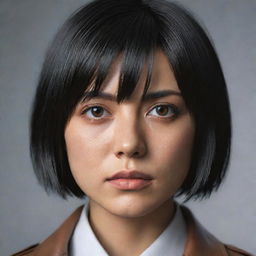 A hyper-realistic portrait of Mikasa Ackerman from Attack on Titan, capturing her intense gaze and her distinctive black hair styled in a bob cut