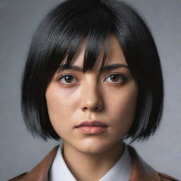 A hyper-realistic portrait of Mikasa Ackerman from Attack on Titan, capturing her intense gaze and her distinctive black hair styled in a bob cut