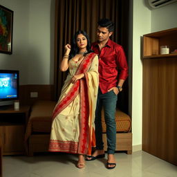 A sensual and intimate scene featuring a voluptuous and alluring Thai pornstar in an elegant muga, cream, and red Chadar with a matching mekhela and blouse, paired with high heels