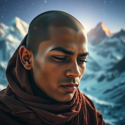 A mystical and enchanting scene in a fantasy novel setting, depicting an 18-year-old Indian shadu monk deep in concentration as he awakens his mind on a Himalayan peak