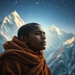 A mystical and enchanting scene in a fantasy novel setting, depicting an 18-year-old Indian shadu monk deep in concentration as he awakens his mind on a Himalayan peak