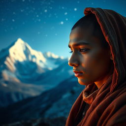 A mystical and enchanting scene in a fantasy novel setting, depicting an 18-year-old Indian shadu monk deep in concentration as he awakens his mind on a Himalayan peak