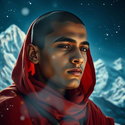 A mystical and enchanting scene in a fantasy novel setting, depicting an 18-year-old Indian shadu monk deep in concentration as he awakens his mind on a Himalayan peak