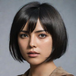 A hyper-realistic portrait of Mikasa Ackerman from Attack on Titan, capturing her intense gaze and her distinctive black hair styled in a bob cut