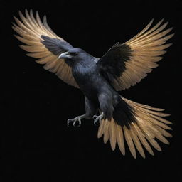 The celestial crow, now adorned with an increased number of glistening golden feathers, adds even more majesty to his glossy black plumage as he soars through the starlit sky.