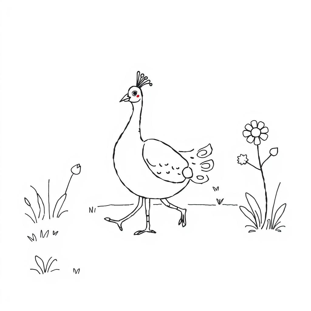 A simple black and white drawing of a peacock walking through a garden