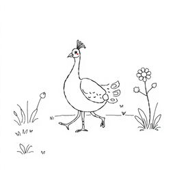 A simple black and white drawing of a peacock walking through a garden