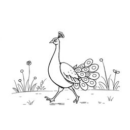 A simple black and white drawing of a peacock walking through a garden