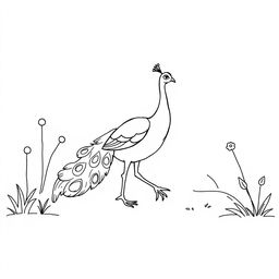 A simple black and white drawing of a peacock walking through a garden