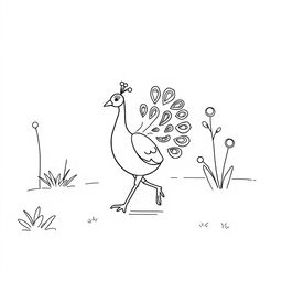 A simple black and white drawing of a peacock walking through a garden