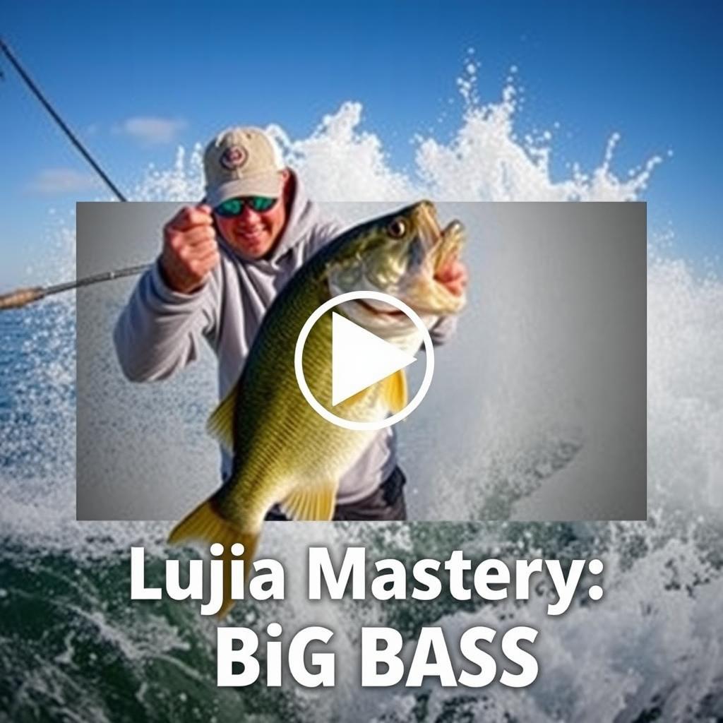 A thumbnail design for a video featuring a dynamic scene where a fisherman wearing a grey sweatshirt is fishing for bass from a boat that is making a dramatic splash in the water