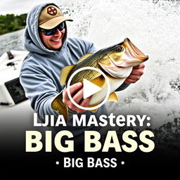 A thumbnail design for a video featuring a dynamic scene where a fisherman wearing a grey sweatshirt is fishing for bass from a boat that is making a dramatic splash in the water