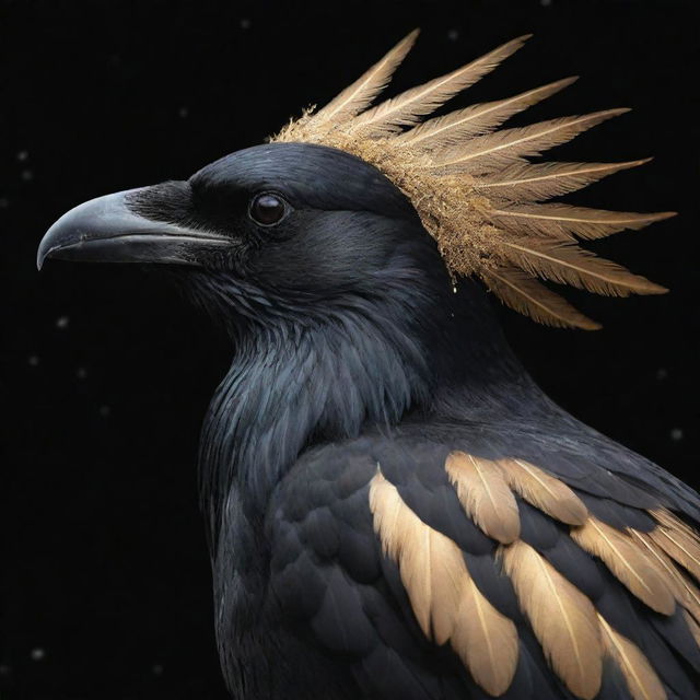 The celestial crow, now adorned with an increased number of glistening golden feathers, adds even more majesty to his glossy black plumage as he soars through the starlit sky.