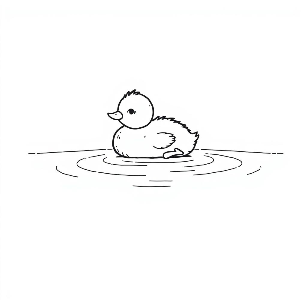 A simple black and white drawing of a cute duckling resting on a calm lake surface