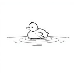 A simple black and white drawing of a cute duckling resting on a calm lake surface