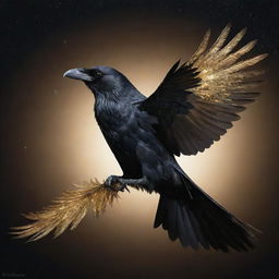 The celestial crow, now adorned with an increased number of glistening golden feathers, adds even more majesty to his glossy black plumage as he soars through the starlit sky.