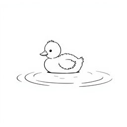 A simple black and white drawing of a cute duckling resting on a calm lake surface