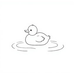 A simple black and white drawing of a cute duckling resting on a calm lake surface