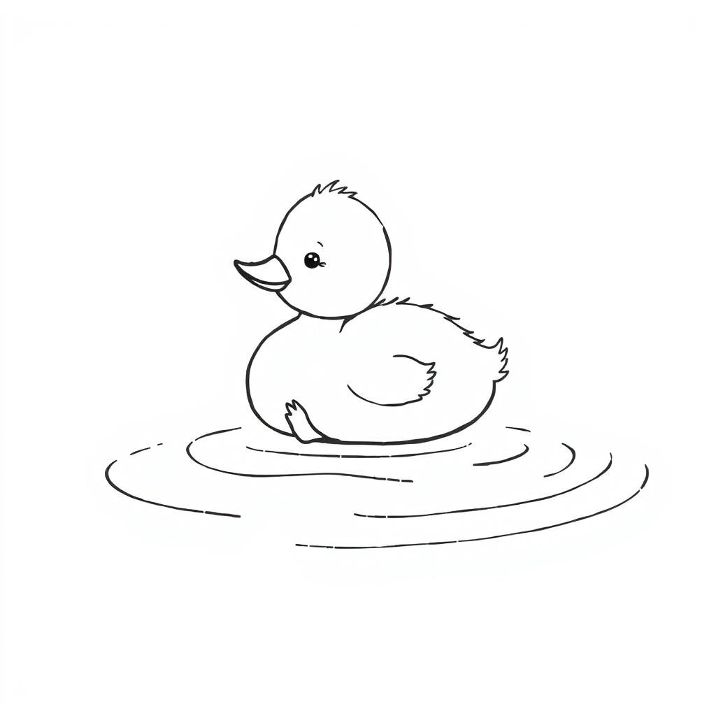 A simple black and white drawing of a cute duckling resting on a calm lake surface