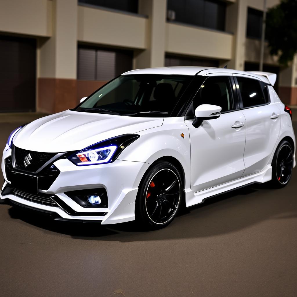 A fully modified Maruti Suzuki Baleno in a striking white color