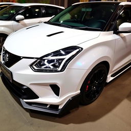 A fully modified Maruti Suzuki Baleno in a striking white color