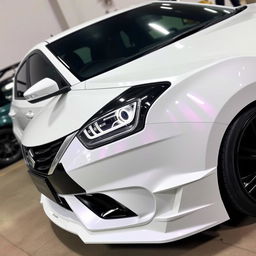 A fully modified Maruti Suzuki Baleno in a striking white color