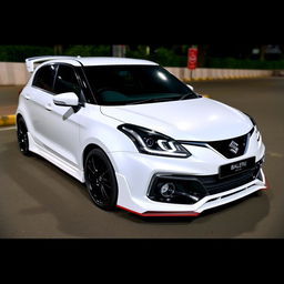 A fully modified Maruti Suzuki Baleno in a striking white color