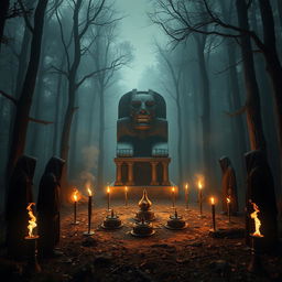 A mysterious and eerie scene in a dense forest, depicting an ancient ritual sacrifice