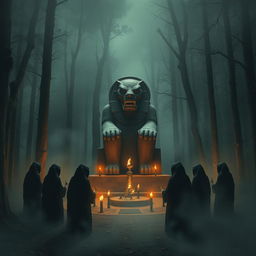 A mysterious and eerie scene in a dense forest, depicting an ancient ritual sacrifice