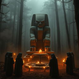 A mysterious and eerie scene in a dense forest, depicting an ancient ritual sacrifice