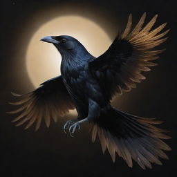 The celestial crow, now adorned with an increased number of glistening golden feathers, adds even more majesty to his glossy black plumage as he soars through the starlit sky.