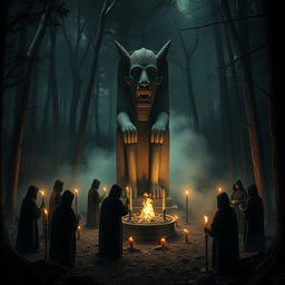 A mysterious and eerie scene in a dense forest, depicting an ancient ritual sacrifice