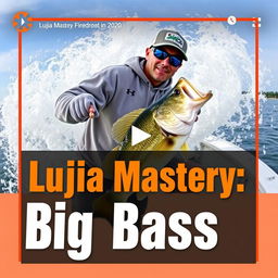 A thumbnail design for a video featuring a dynamic scene where a fisherman wearing a grey sweatshirt is fishing for bass from a boat that is making a dramatic splash in the water