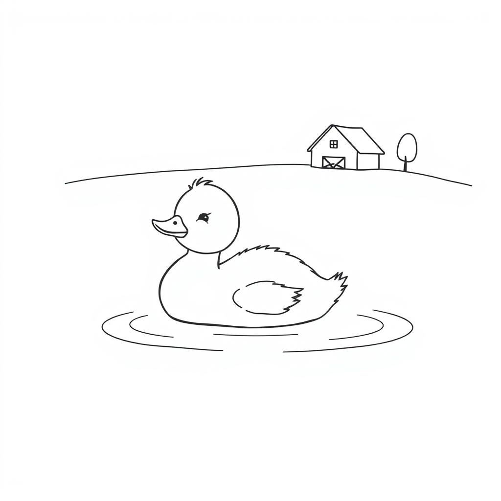 A simple black and white drawing of a cute duckling resting on a calm lake surface, with a small farm in the background